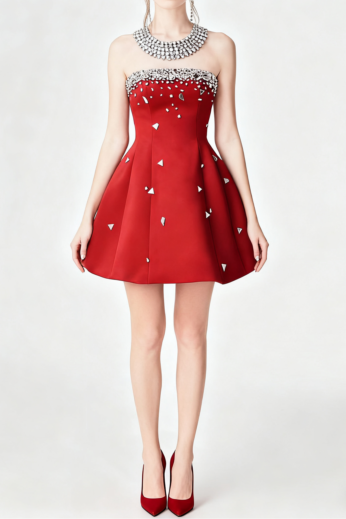 Red Crystal-Embellished Strapless Mini Dress Flowering Girl