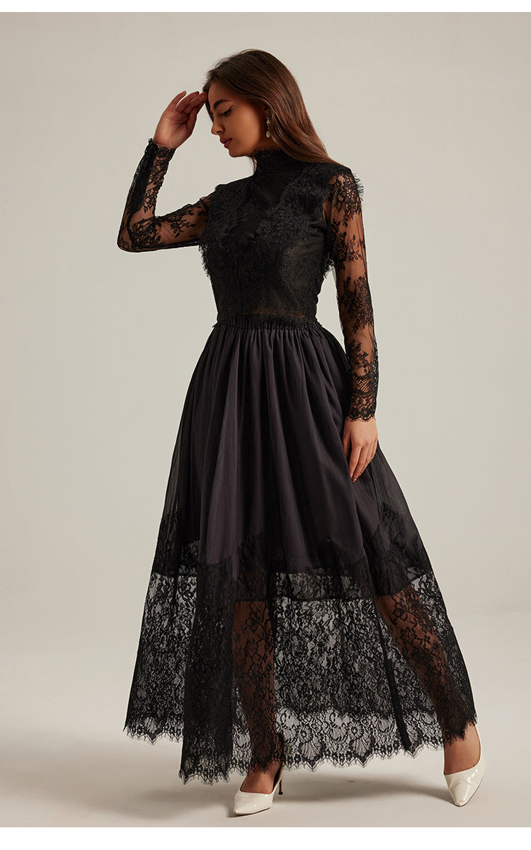 Lila Flowerr Lace Embroidery Maxi Dress Set In Black Flowering Girl