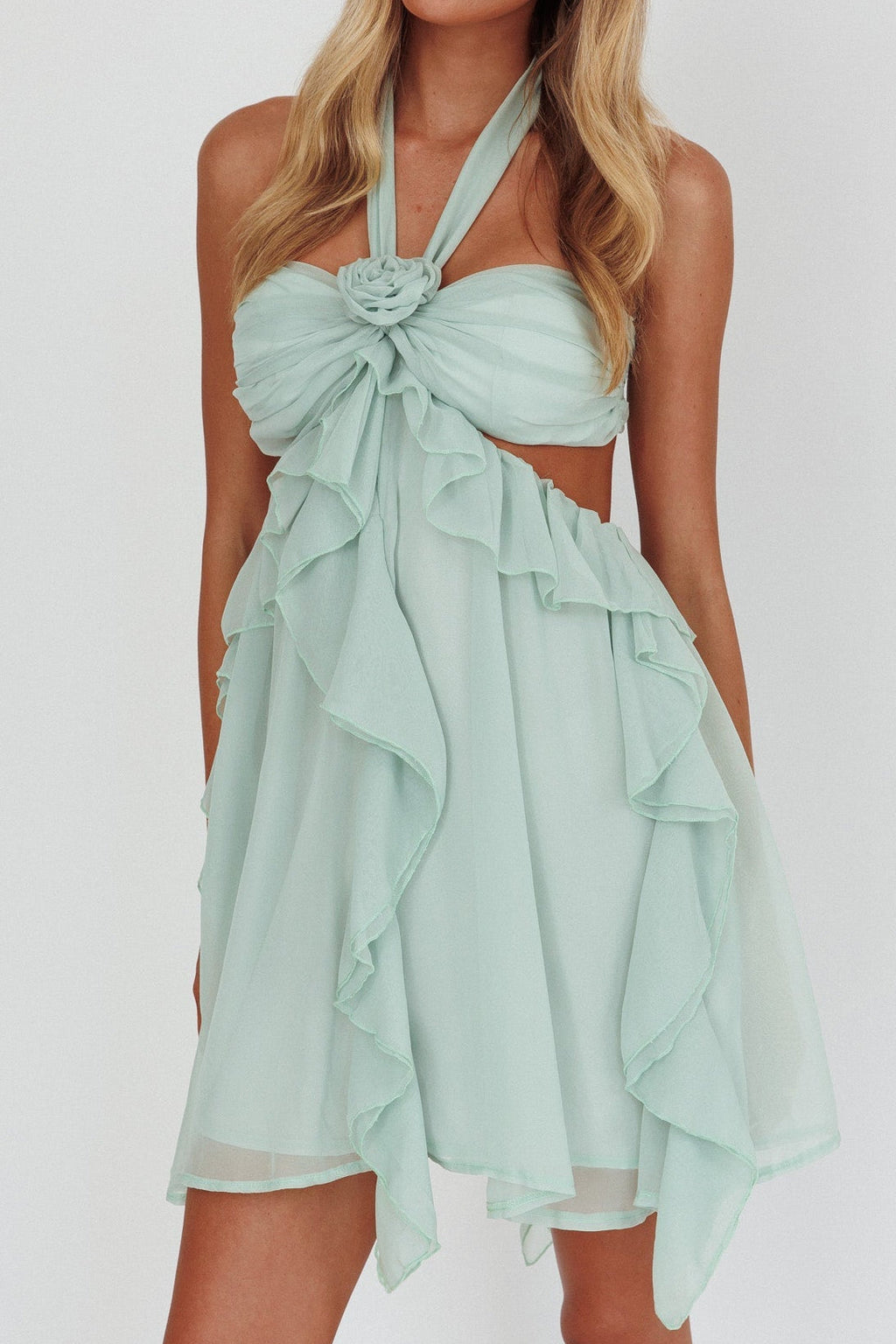 Mint Green Halter Ruffled Mini Dress Flowering Girl
