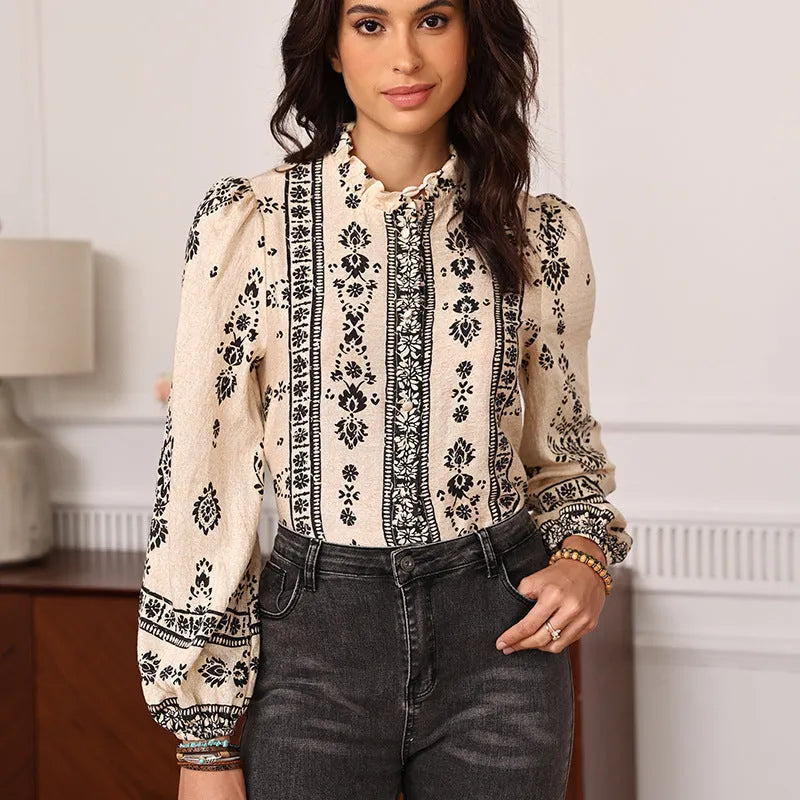 Bohemian Print Shir Stand-Up Collar Fungus Edge Flowering Girl