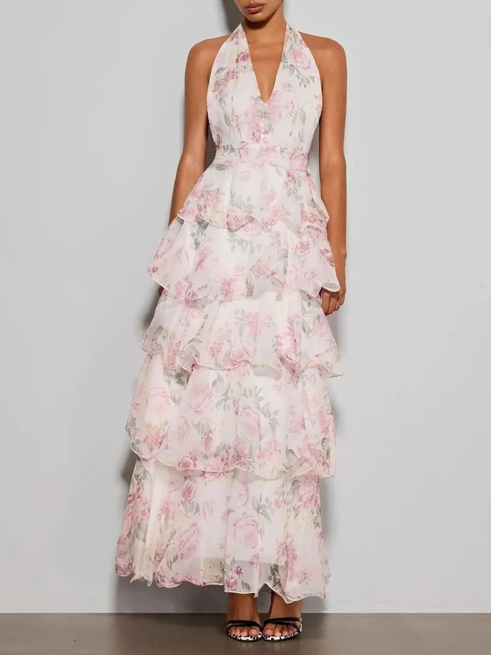 Errin Halterneck Ruffle Tiered Floral Maxi Dress Flowering Girl