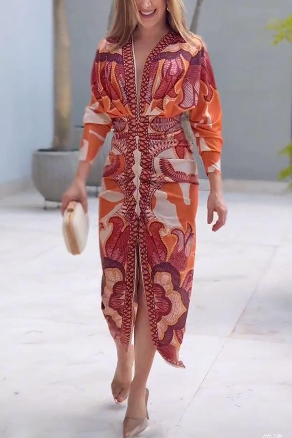Unique Print Dolman Long Sleeve Ruched Slit Midi Dress Flowering Girl