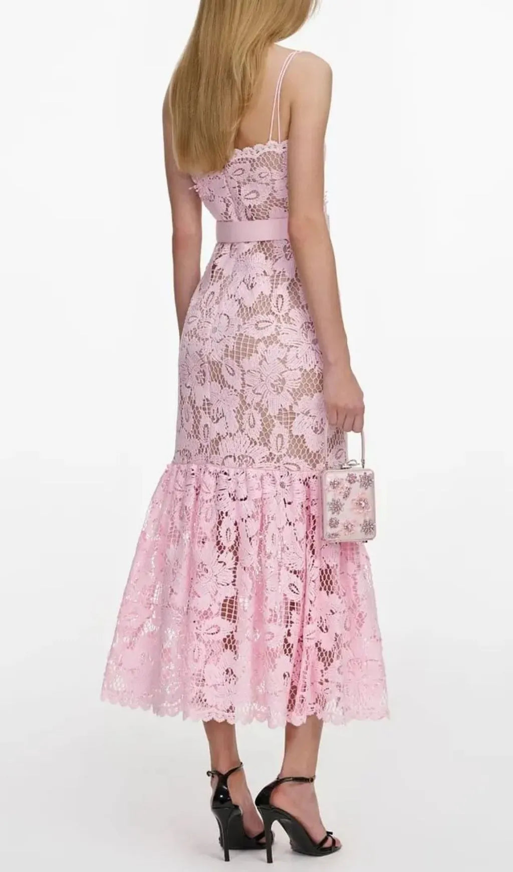Simona Pink Crochet Lace Hollow Midi Dress Flowering Girl