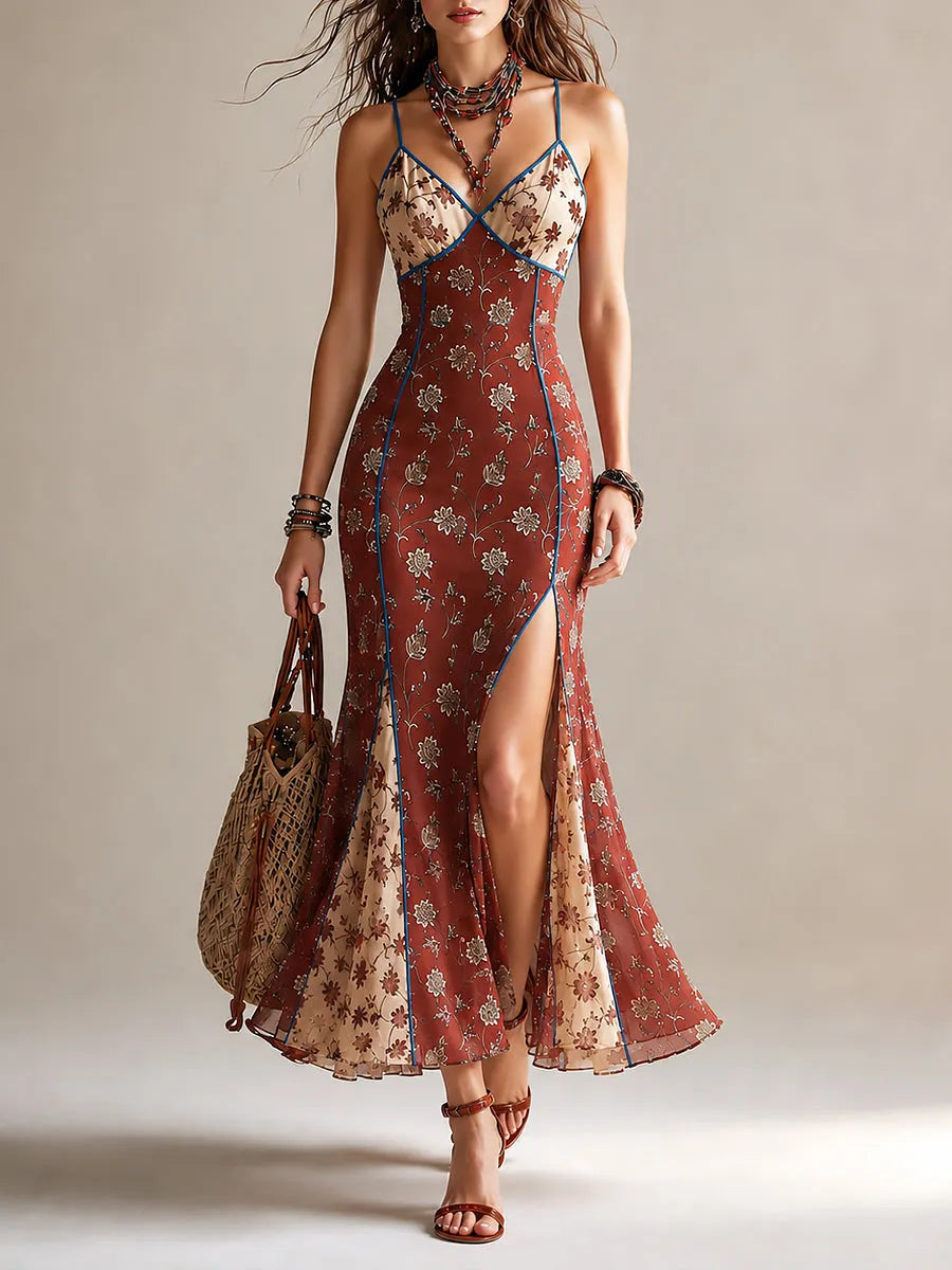 Rust-red Floral Print Chiffon High-slit Spaghetti Strap Maxi Dress Flowering Girl