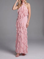 Kora Pink Halter Ruffle Maxi Dress Flowering Girl