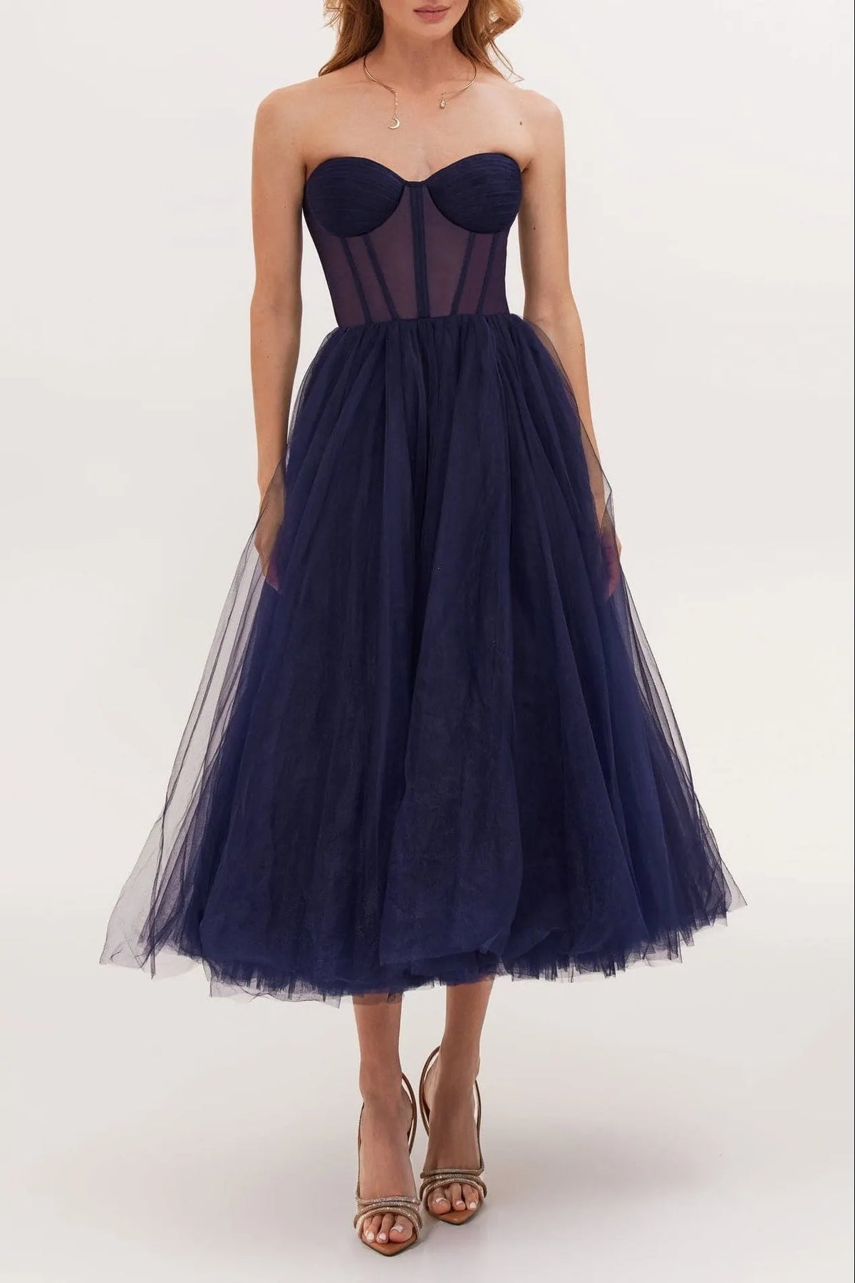 Navy Strapless Puffy Midi Tulle Dress Flowering Girl