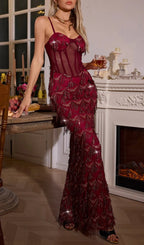 Carol Red Sequin Fringe Maxi Dress Flowering Girl