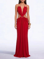 Lorysa Backless Cutout Maxi Dress In Red Flowering Girl