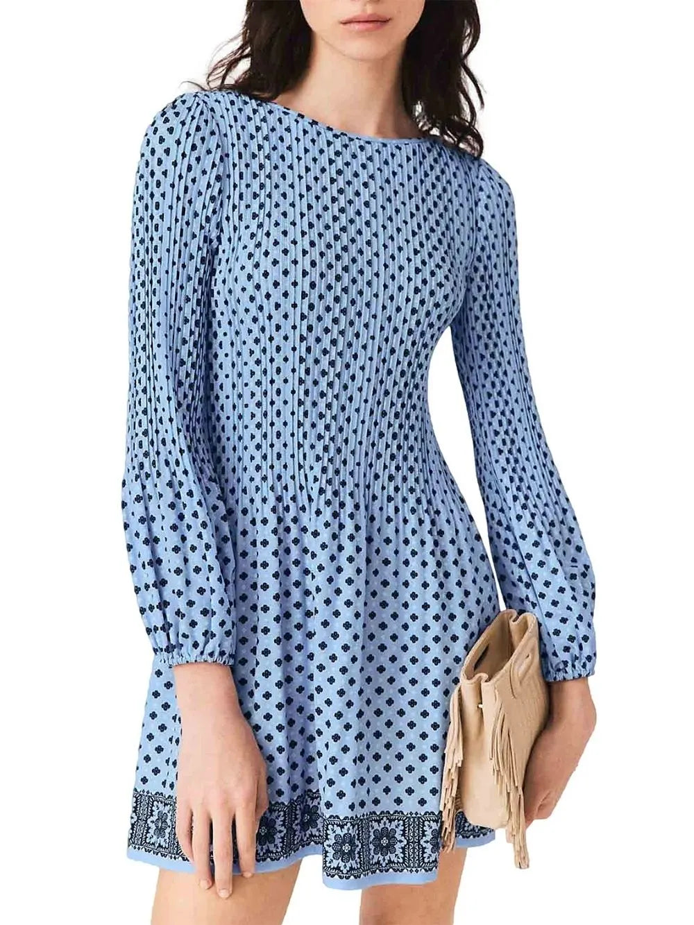 Patterned Pleated Mini Dress Flowering Girl