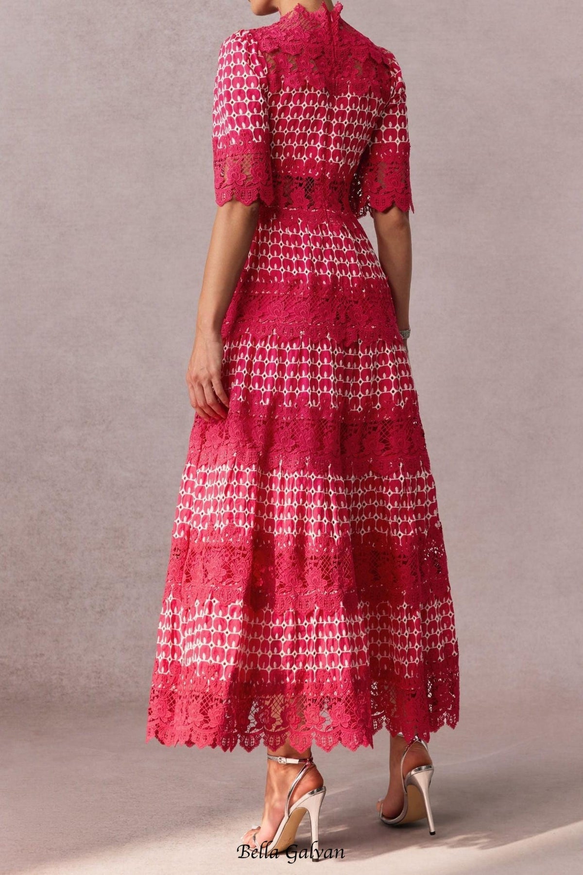 simona Embroidered Lace Midi Dress in red Flowering Girl