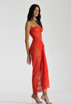 Strapless Twisted Lace Dress In Orange Flowering Girl