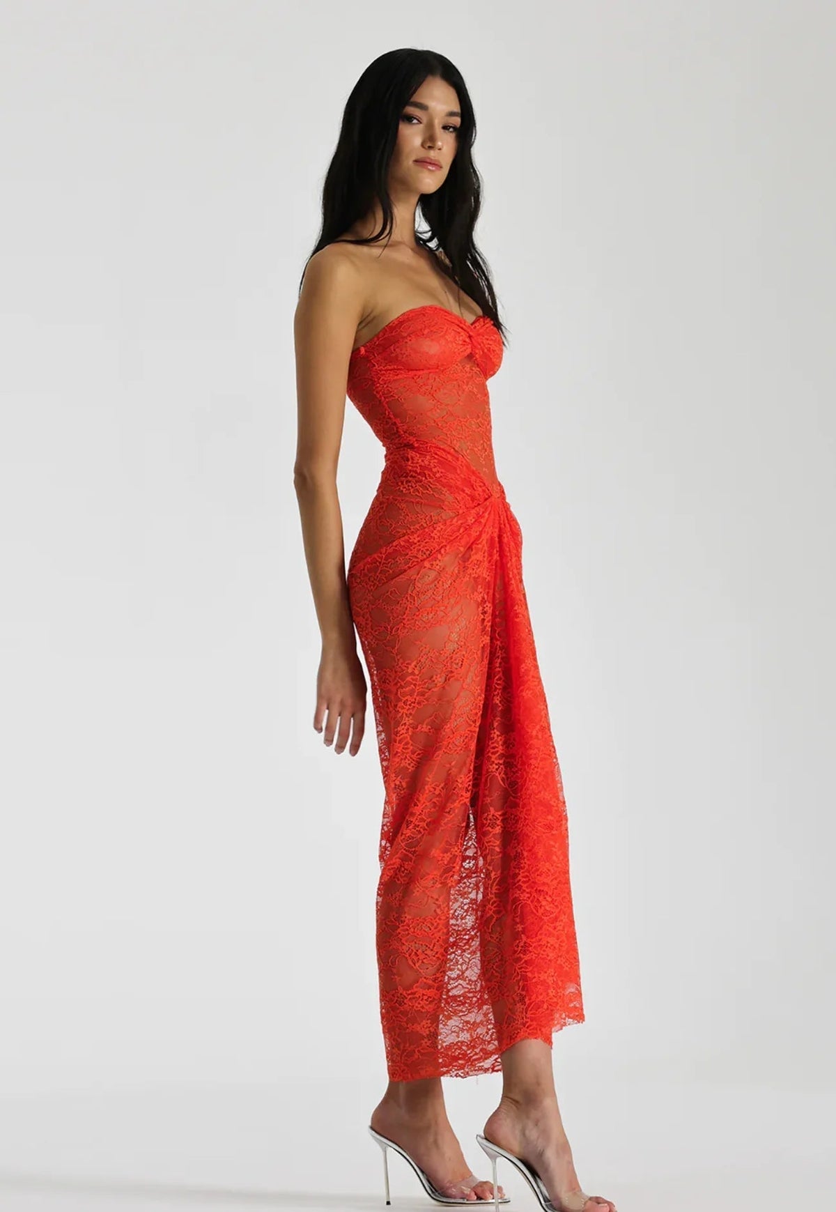 Strapless Twisted Lace Dress In Orange Flowering Girl