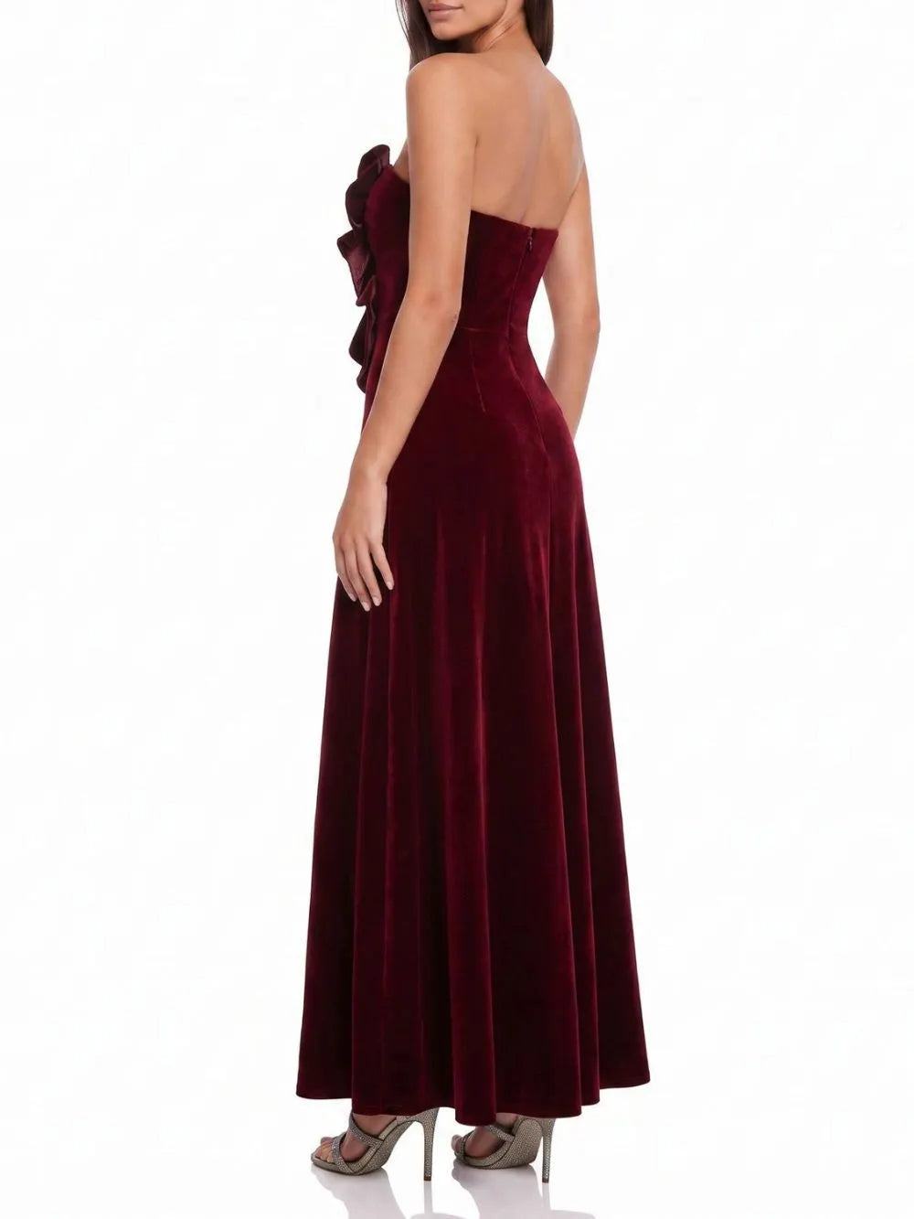 Menna Wine Strapless Flower Velvet Maxi Dress Flowering Girl