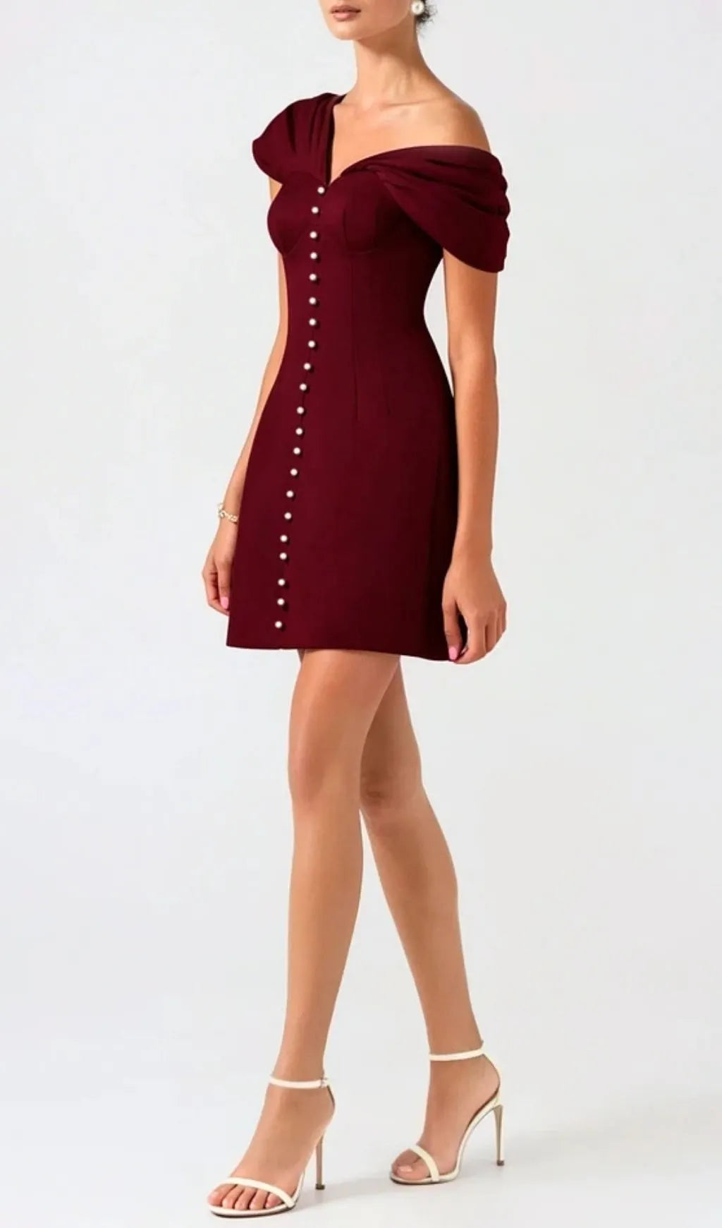 Luzasa Off Shoulder Buttoned Mini Dress - Wine Flowering Girl