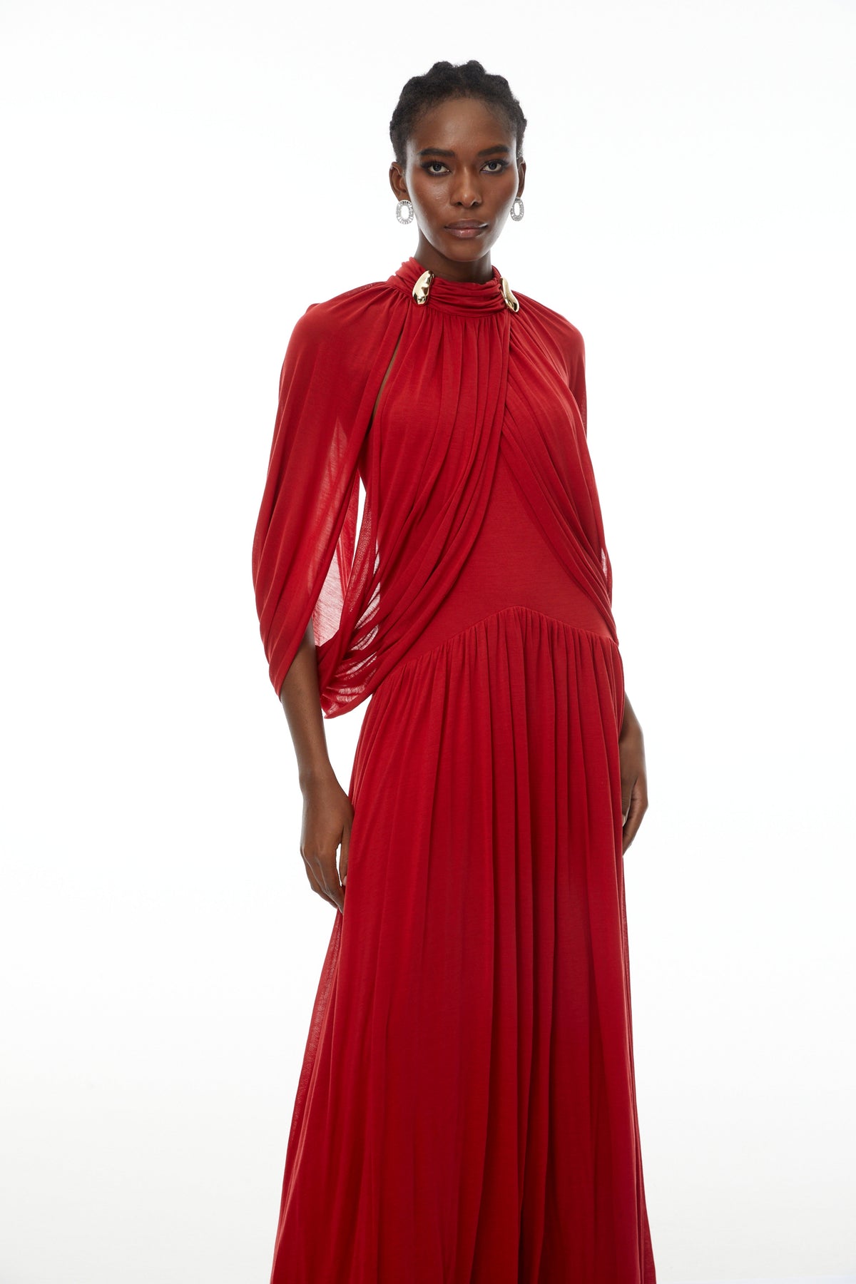 Leona Red Draped Cape Sleeve Knit Maxi Dress Flowering Girl