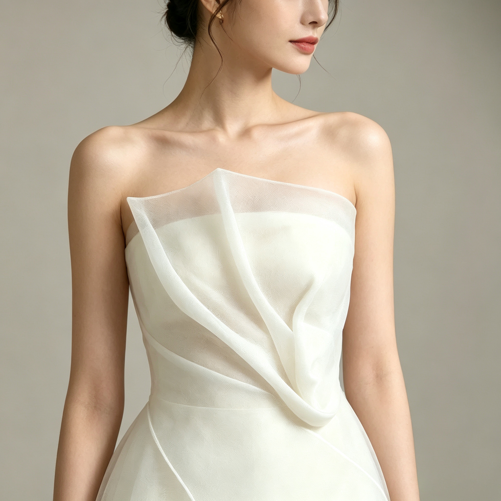 Strapless Layered Organza Midi Dress in white Flowering Girl
