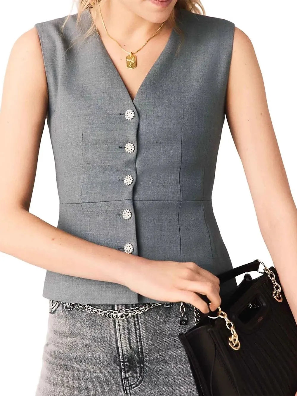 Sleeveless Jewel Button Tailored Jacket Flowering Girl
