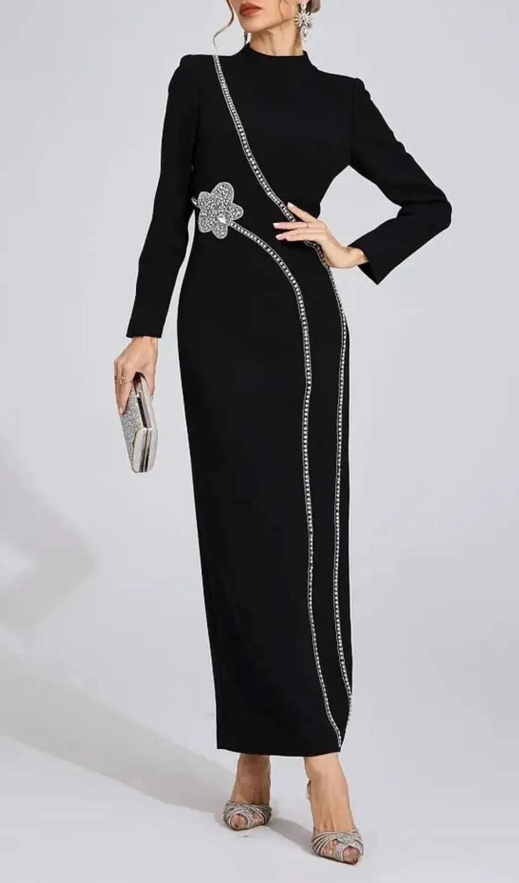 Nicola Diamond Embellished Long Sleeve Maxi Dress - Black Flowering Girl