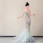 Strapless Pastel 3D Floral Tulle Mermaid Gown With Train Flowering Girl