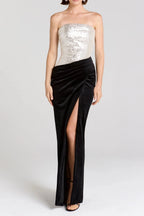 Nancy Off Shoulder Sequin High Slit Velvet Maxi Dress - Silver/Black Flowering Girl