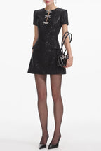 Janice Black Sequin Tweed Bow Mini Dress Flowering Girl