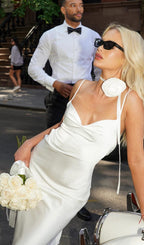 White Satin Draping Midi Dress Flowering Girl