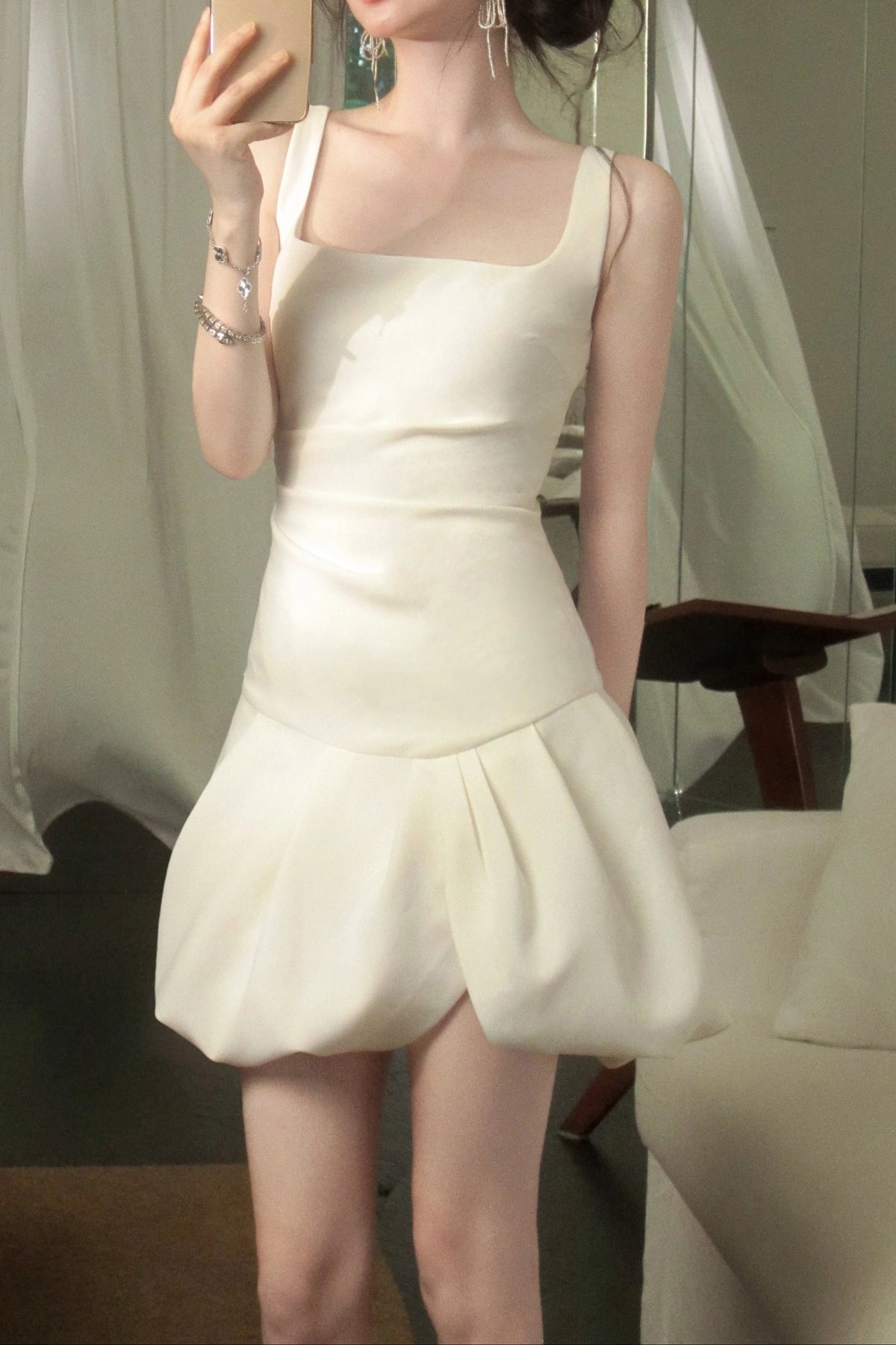 Arabela Square Neck Bud Mini Dress In Beige Flowering Girl