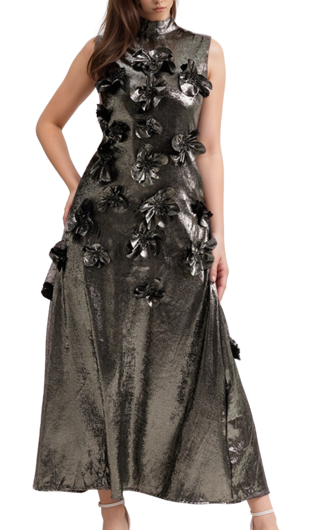 aditi 3d floral embellished maxi dress in grey Flowering Girl