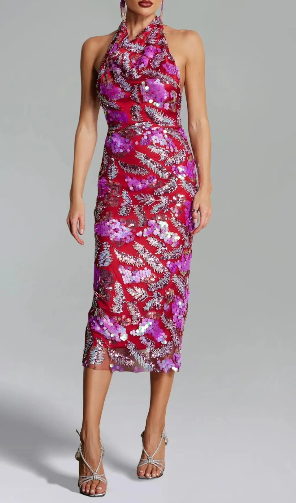 Bass Sequin Halter Midi Dress Flowering Girl