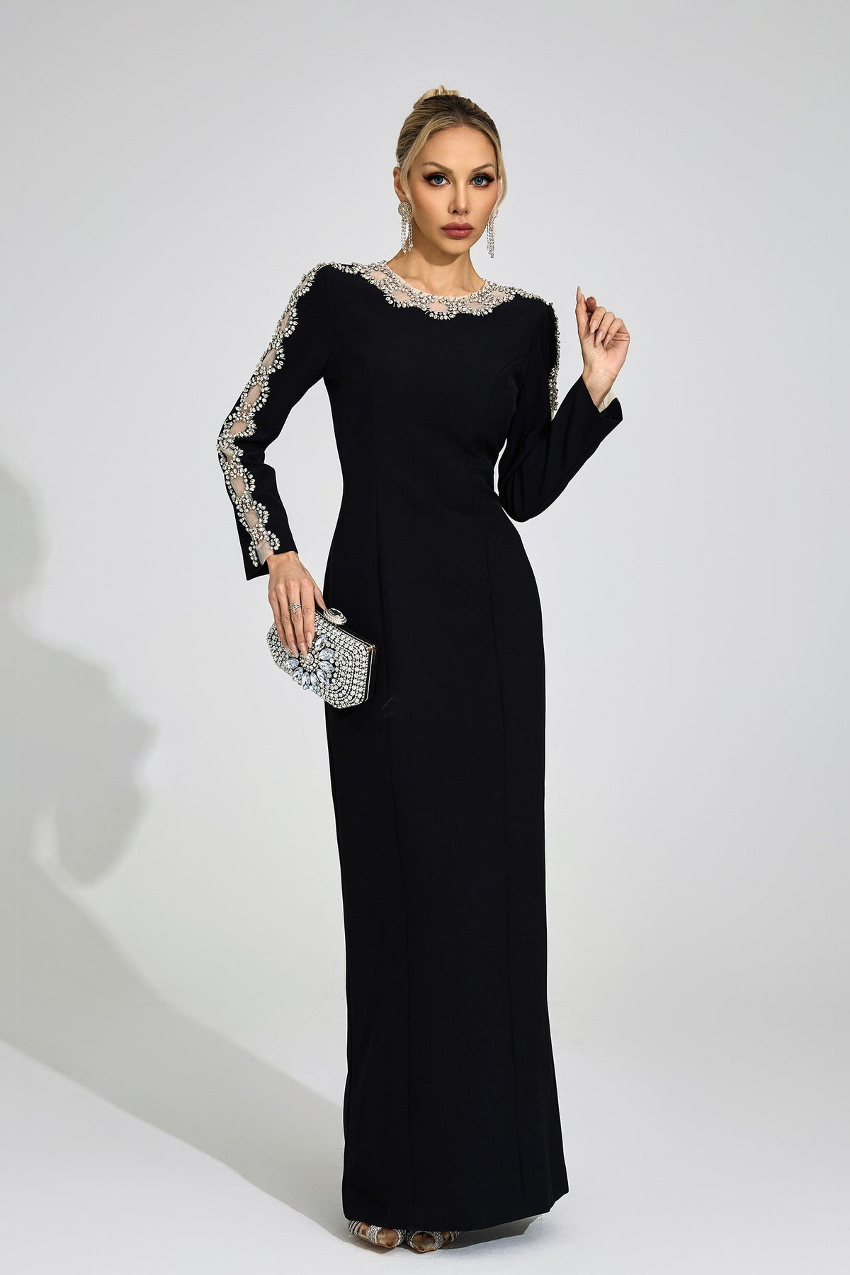 Tiffany Rhinestone Embellished Cutout Maxi Dress - Black Flowering Girl
