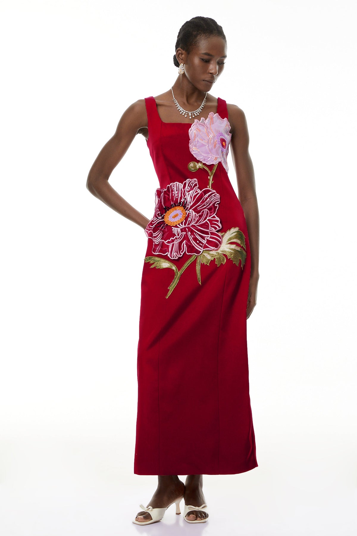 Nicola Square Neck Flower Embroidery Satin Maxi Dress In Red Flowering Girl