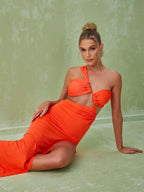 Berenice One Shoulder Cutout Maxi Dress In Orange Flowering Girl