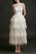Alison Mesh Stitching Layer Dress In White Flowering Girl