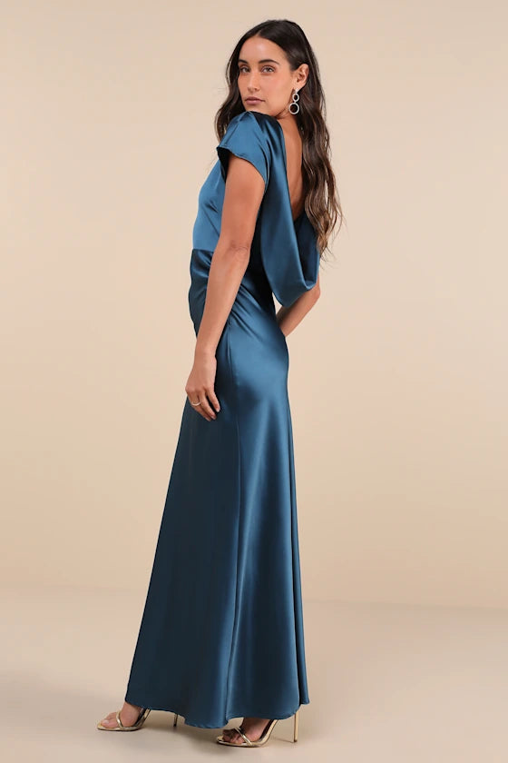 Satin Cowl Back Maxi Dress In Dark Teal Flowering Girl