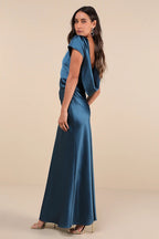 Satin Cowl Back Maxi Dress In Dark Teal Flowering Girl