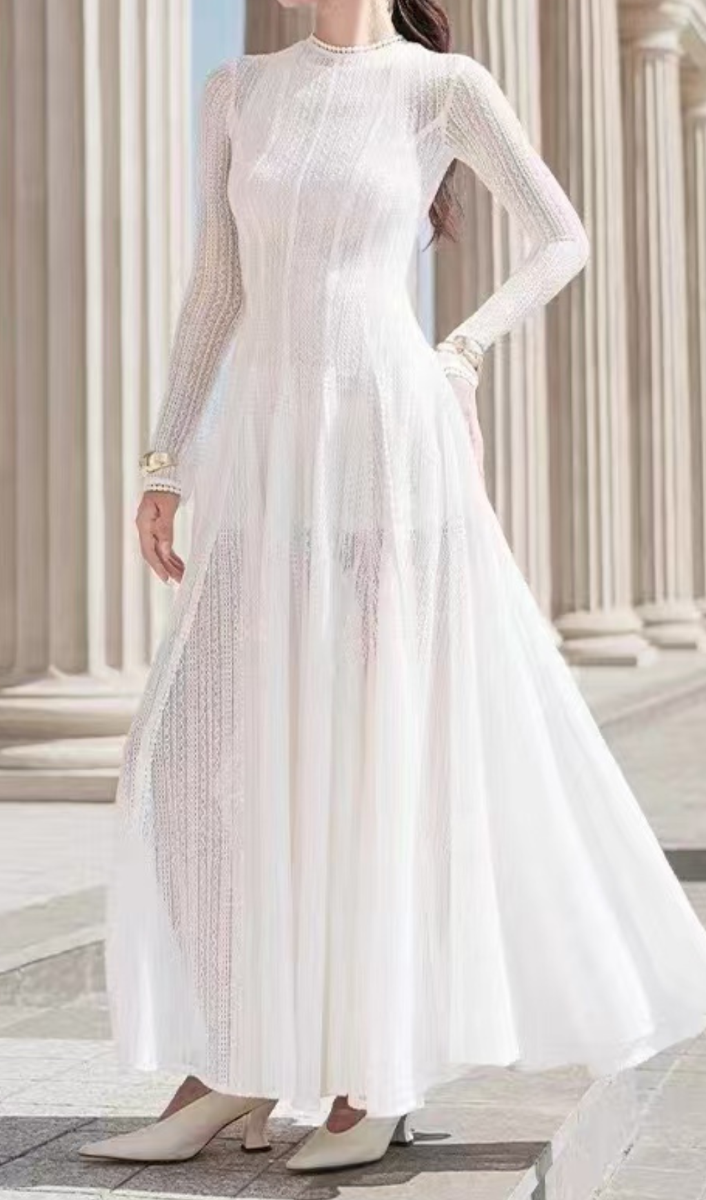 White Crochet Lace Maxi Dress With Sleeves Flowering Girl