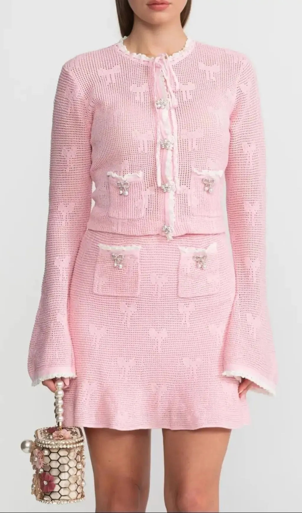 Joanna Knit Co-Ord Set With Pearl & Bow Detailing – Pink Flowering Girl