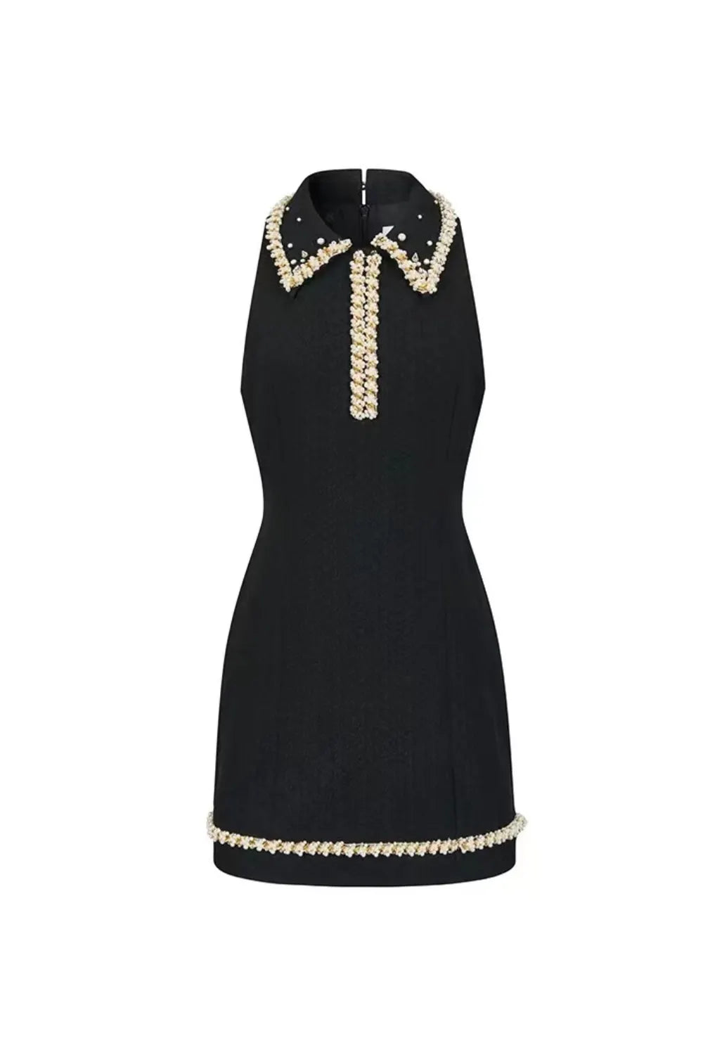 pearl embellished gold chain splice mini dress in black Flowering Girl