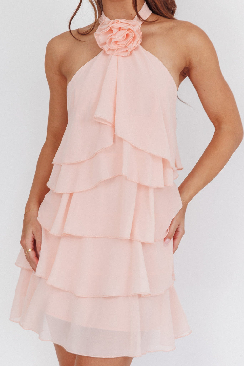 Rebecca Halterneck Ruffle Mini Dress In Pink Flowering Girl