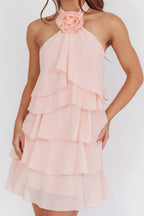 Rebecca Halterneck Ruffle Mini Dress In Pink Flowering Girl