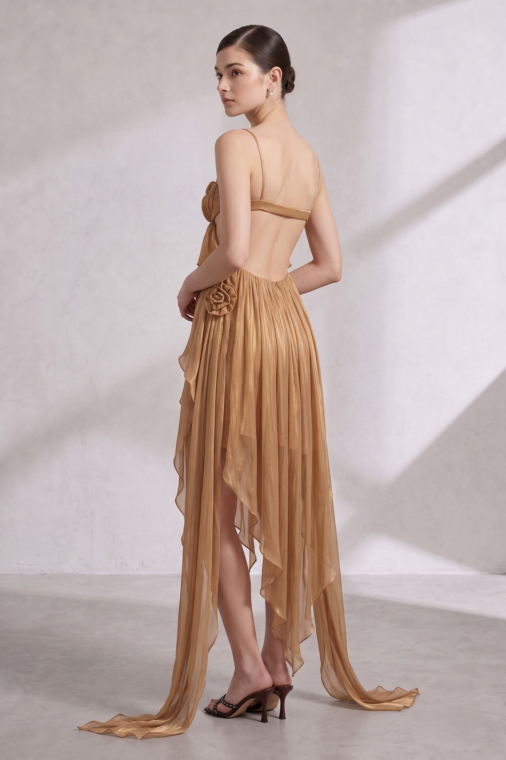 Gold Sheer Chiffon Asymmetrical High-Low Draped Dress with Open Back Flowering Girl