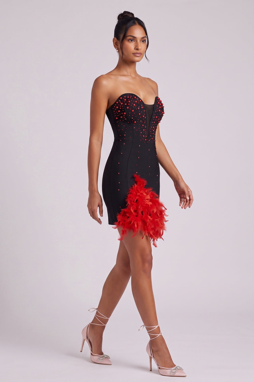Black Bodycon Mini Dress with Red Feather Trim Flowering Girl