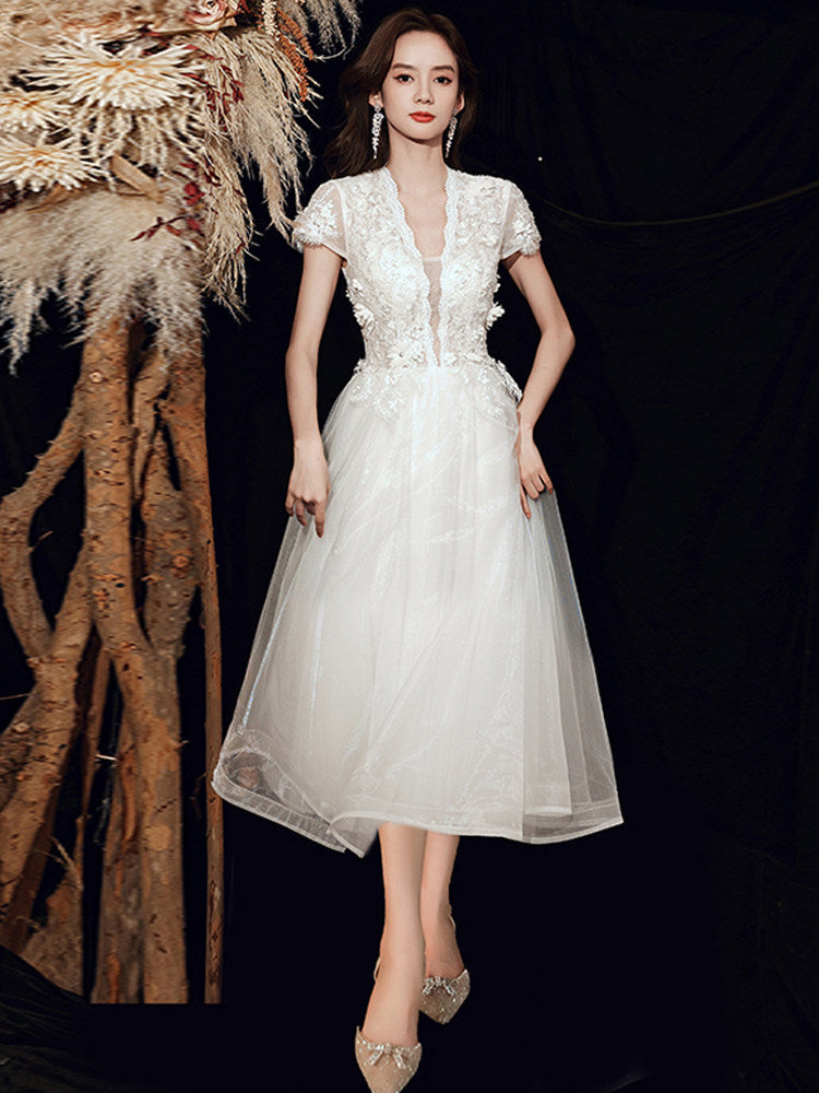3D Floral Lace Short Sleeve Tulle Floor-Length Evening Gown Flowering Girl