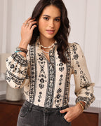 Bohemian Print Shir Stand-Up Collar Fungus Edge Flowering Girl