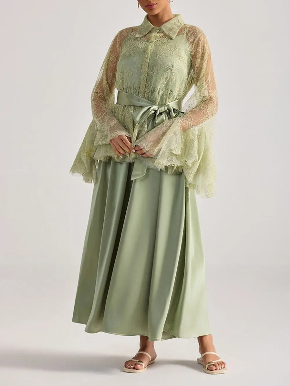 Miori Green Lace Top & Maxi Dress Set Flowering Girl