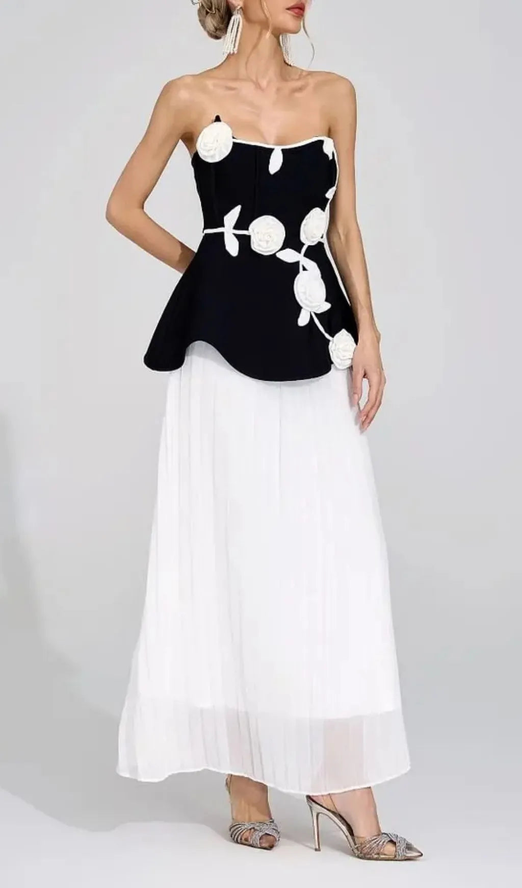 Mignon Black White Floral Strapless Maxi Dress Flowering Girl