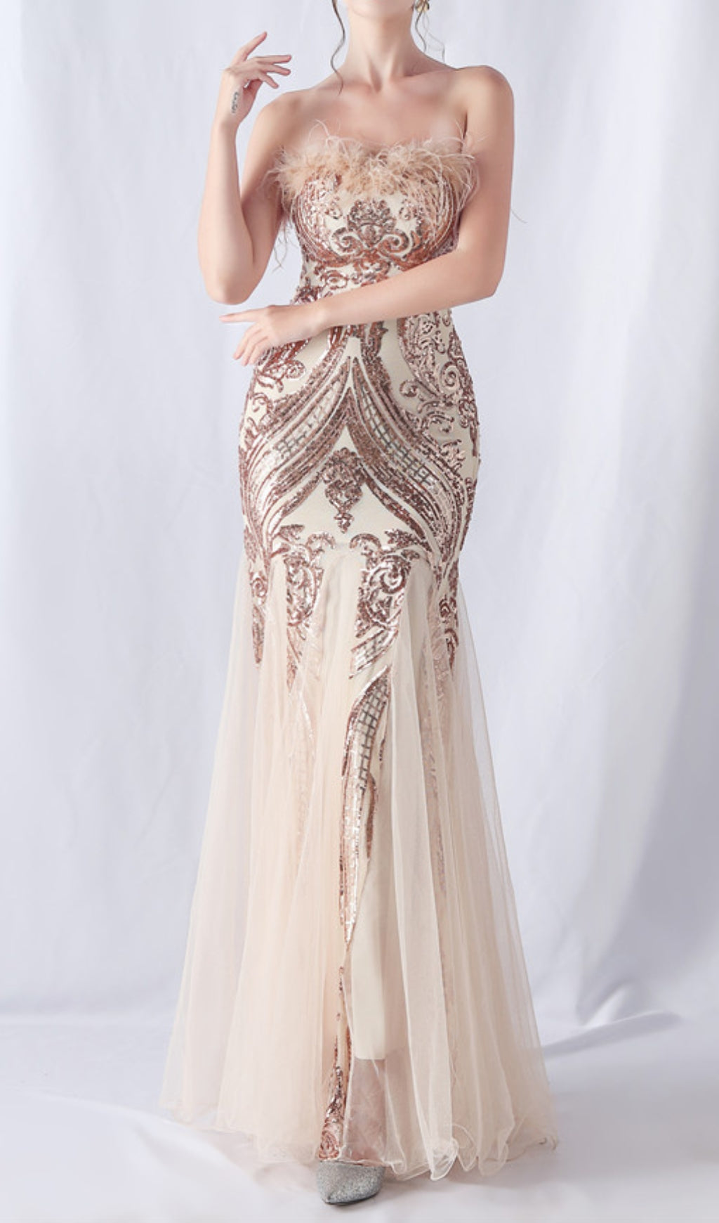 Choire Champagne Sequin Feather Maxi Dress Flowering Girl