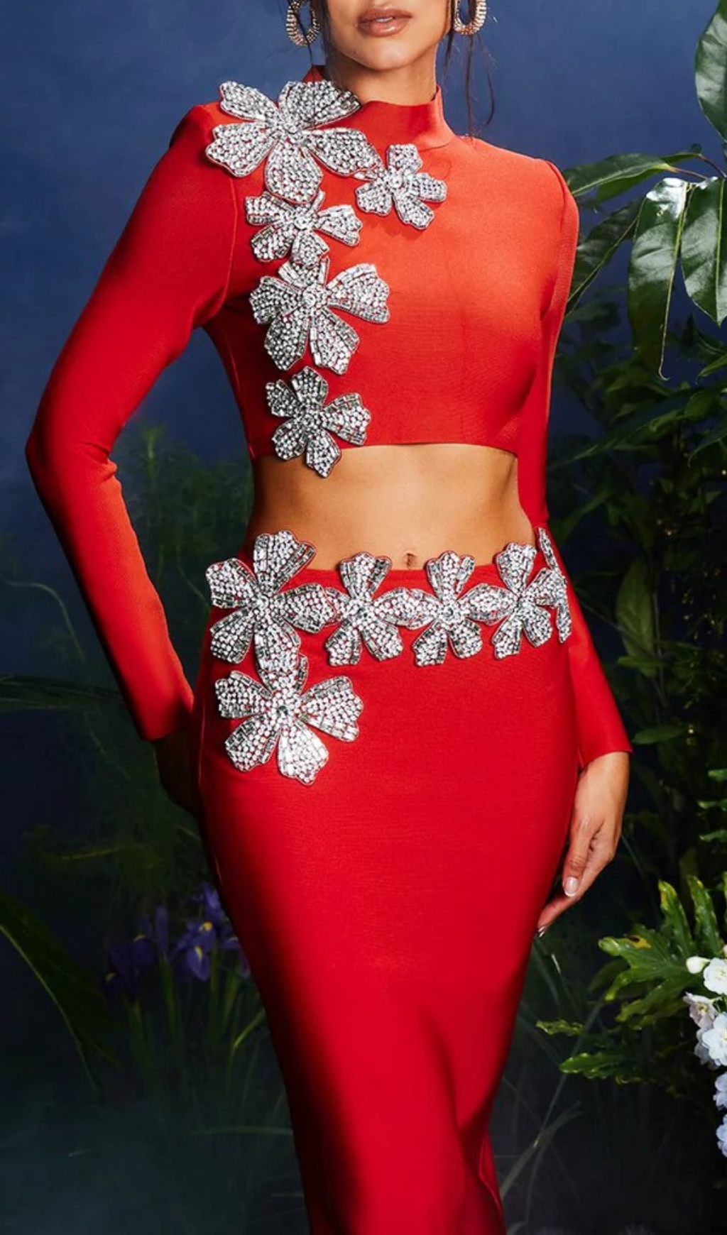 Almira Strapless Flower Bandage Skirt Set In Red Flowering Girl
