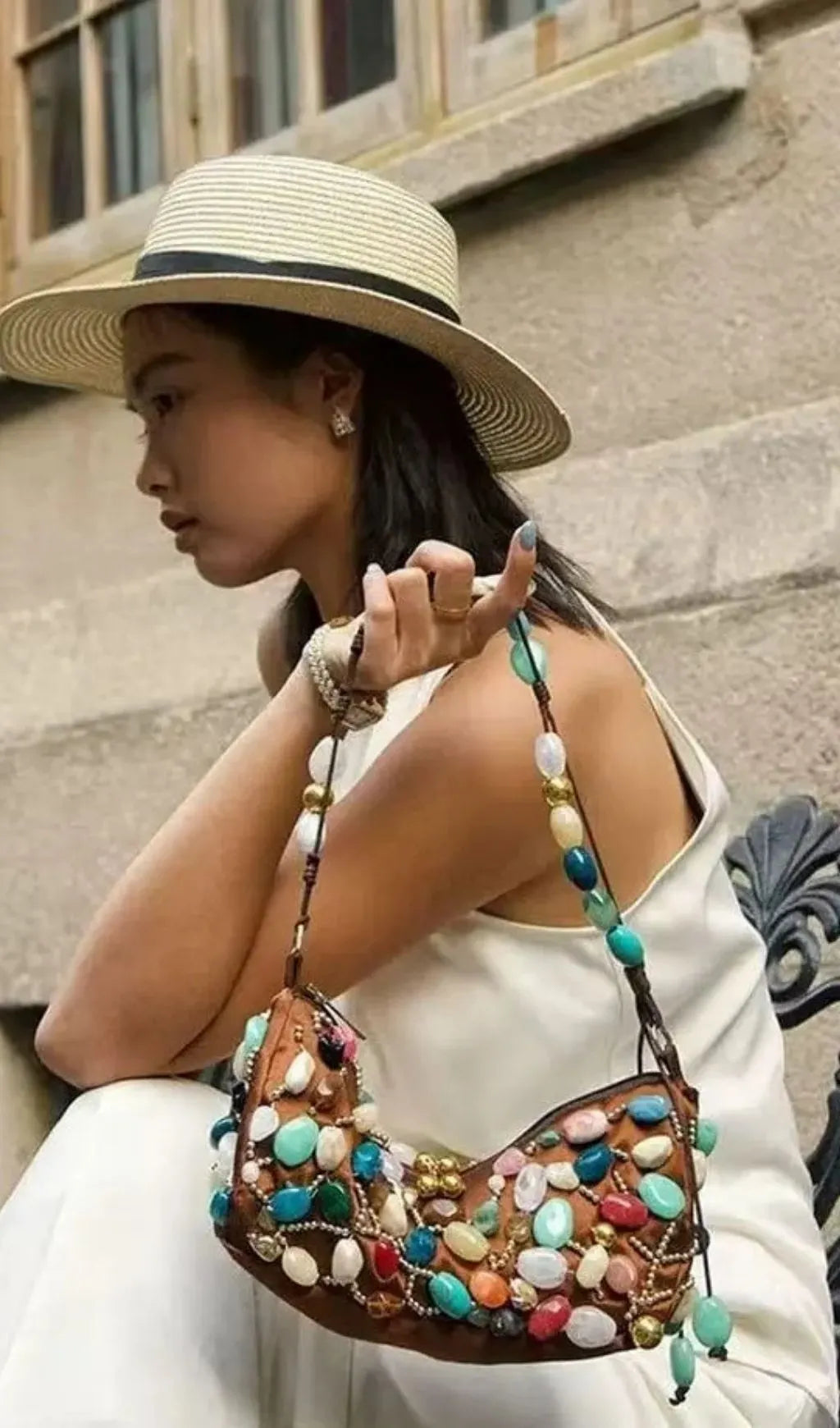 Beaded Crescent Shoulder Bag With Colorful Stone Embellishments Flowering Girl