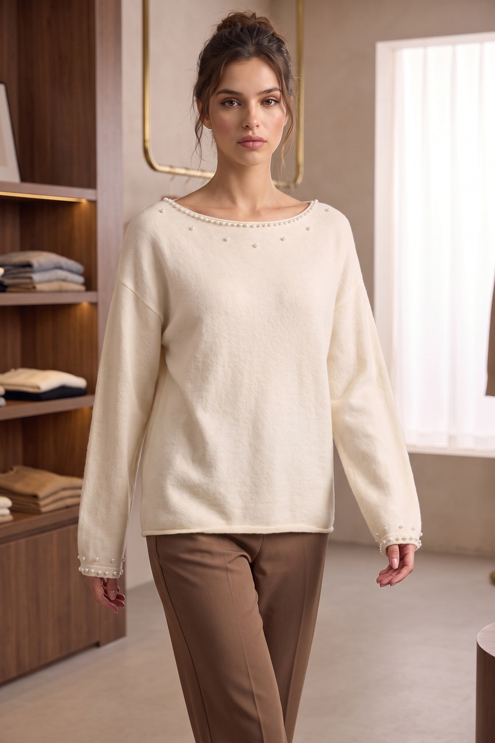 Relaxed Cream Knit Sweater with Pearl Bead Embellishments Flowering Girl